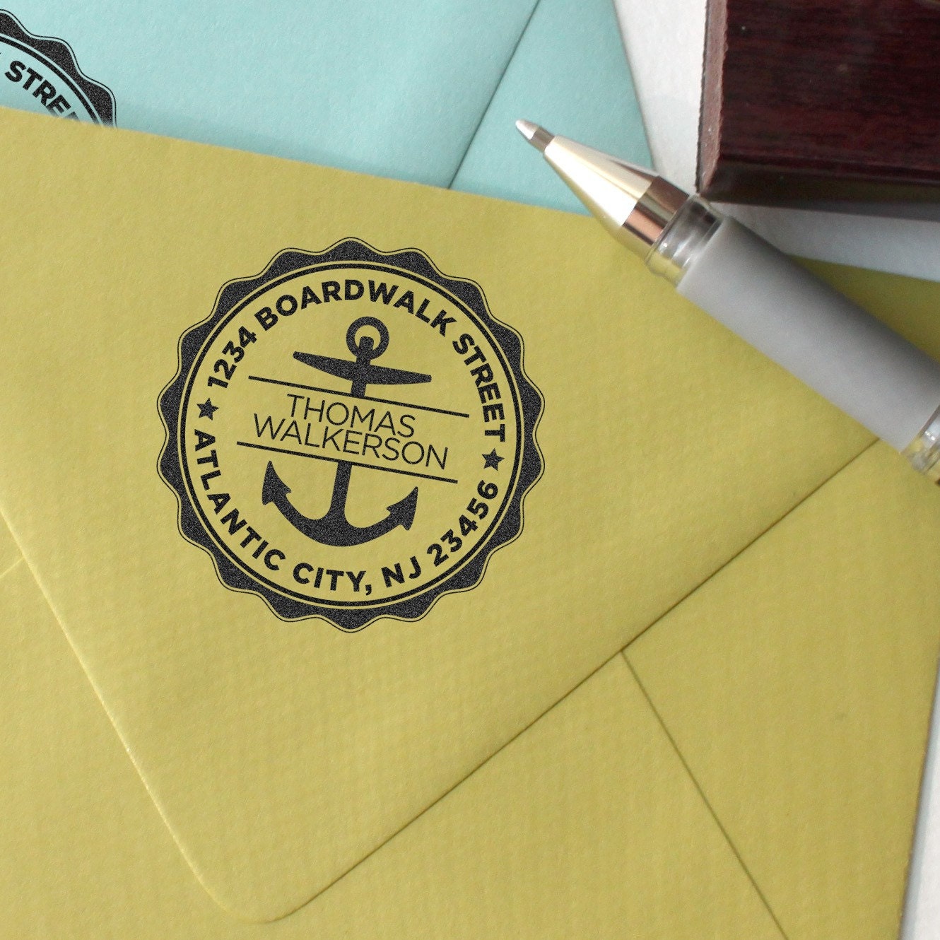 Custom return address stamp Nautical wood handle