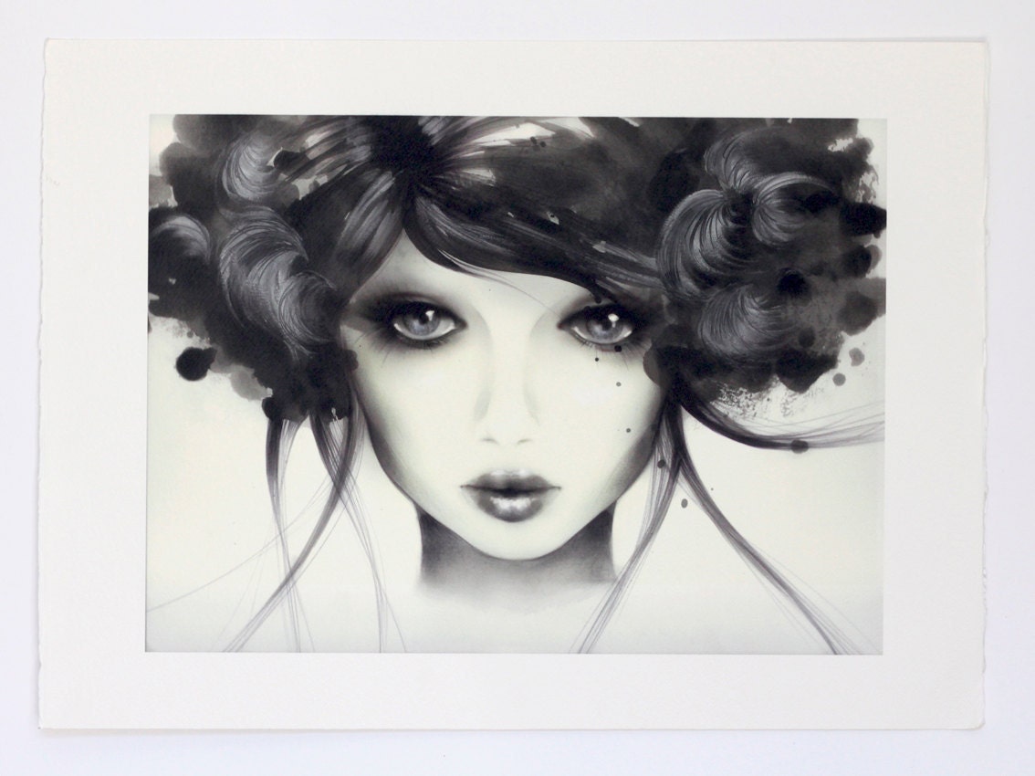 Gothic Etherea - Fashion Illustration - Glamour Illustration Print - Black and White Watercolor and Digital Painting