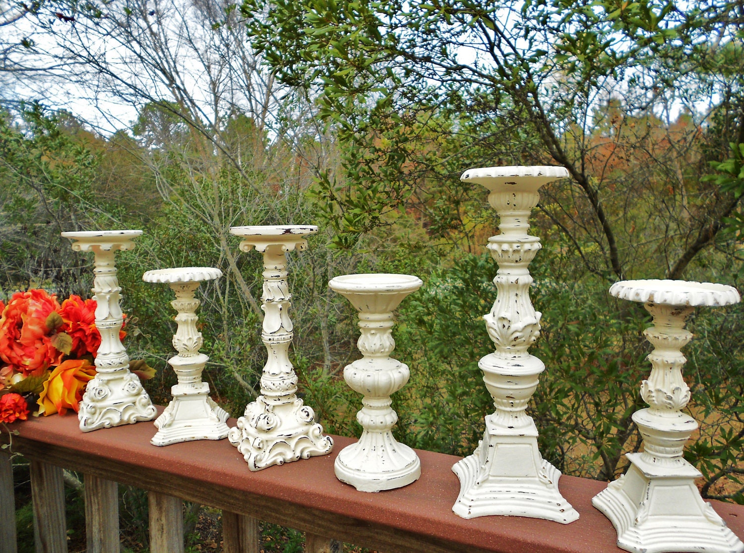 Shabby Distressed Antique White Mixture of Six Candle Holders-Varied Heights and Sizes