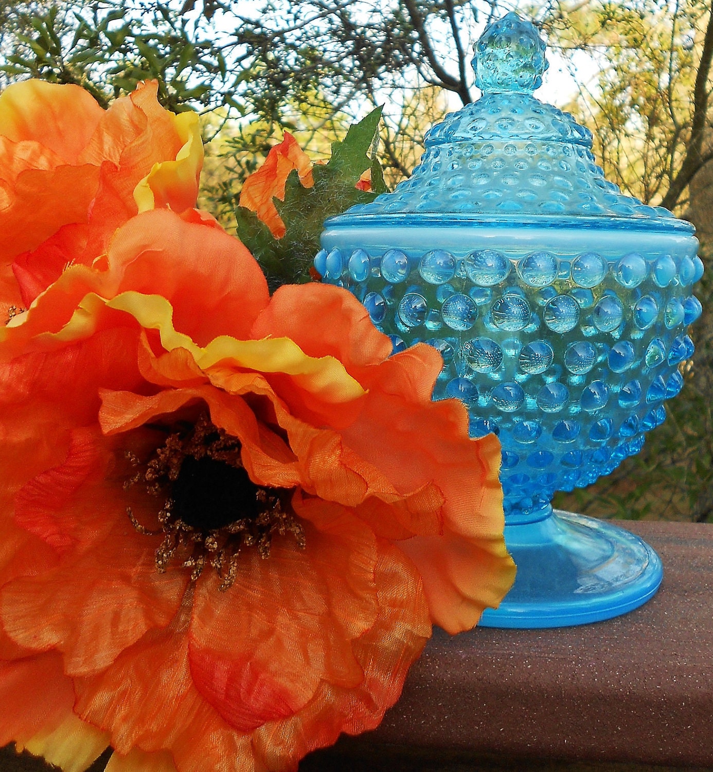 Gorgeous Vintage Fenton Blue Hobnail Opalescent Covered Pedestal Candy Dish- Mint Condition- 7" tall
