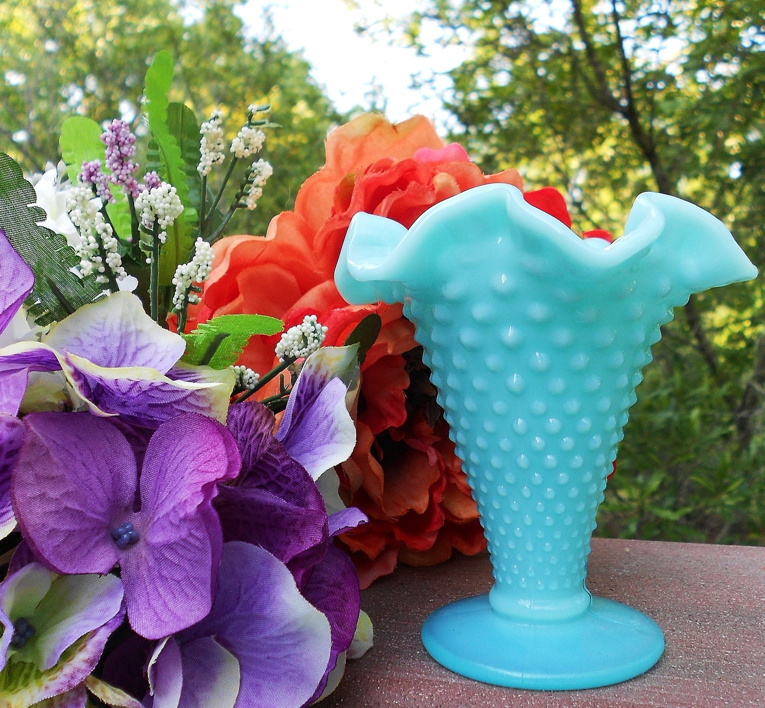 Beautiful Aqua Blue Milk Glass Petite Vintage Fenton Hobnail ruffled vase-Stands 3.5" tall