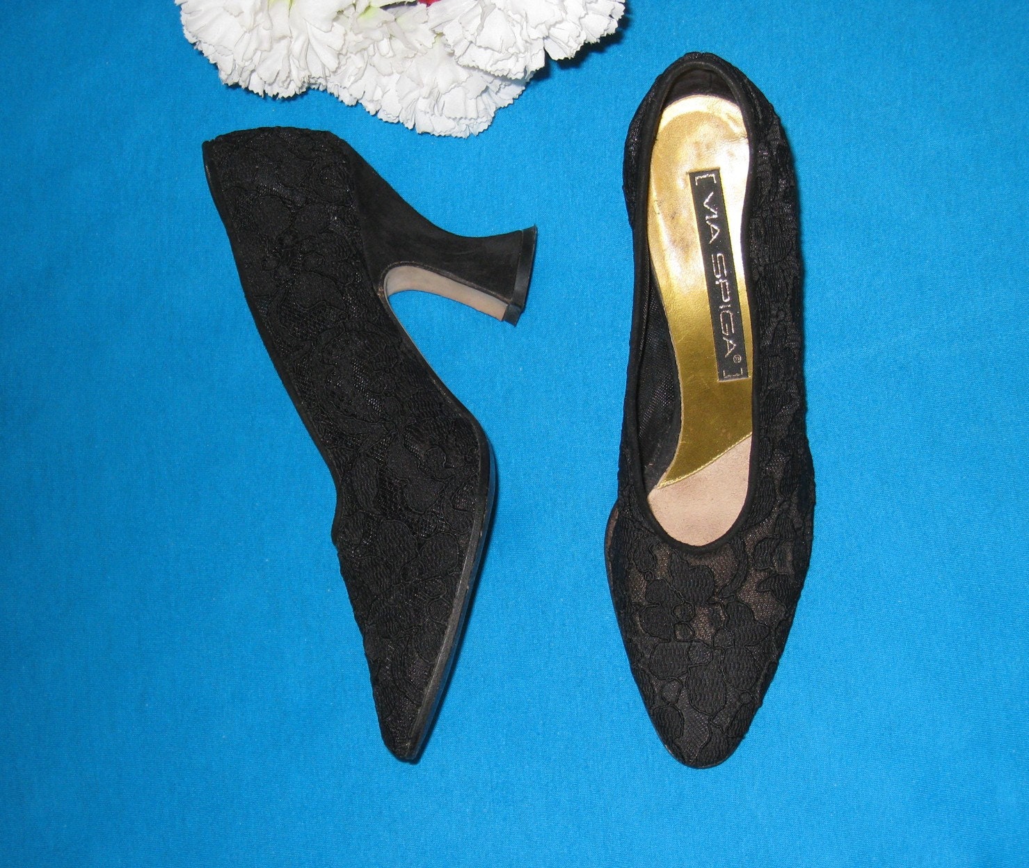 Via Spiga Black Lace/ Brocade Pumps - Sz. 7B Suede Louis Style Heels - Vero Cuoio Soles - Italy / Free US Shipping