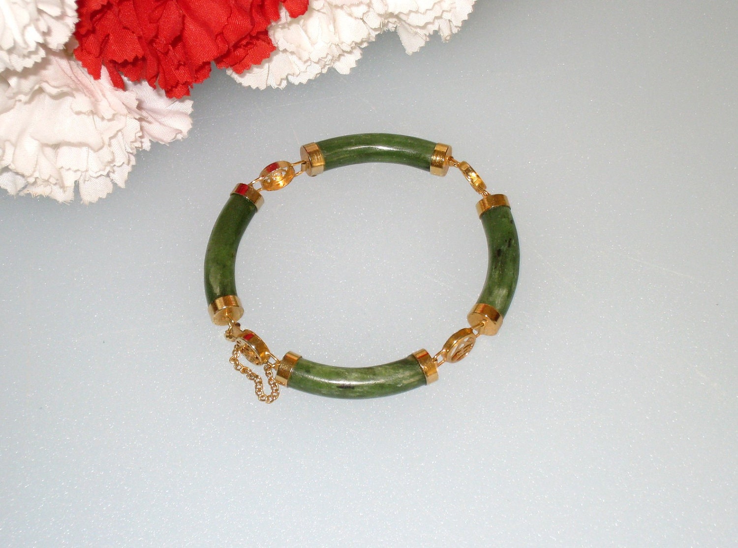 Chinese JADE Bracelet w/ Pierced Gold Tone Chinese Symbols