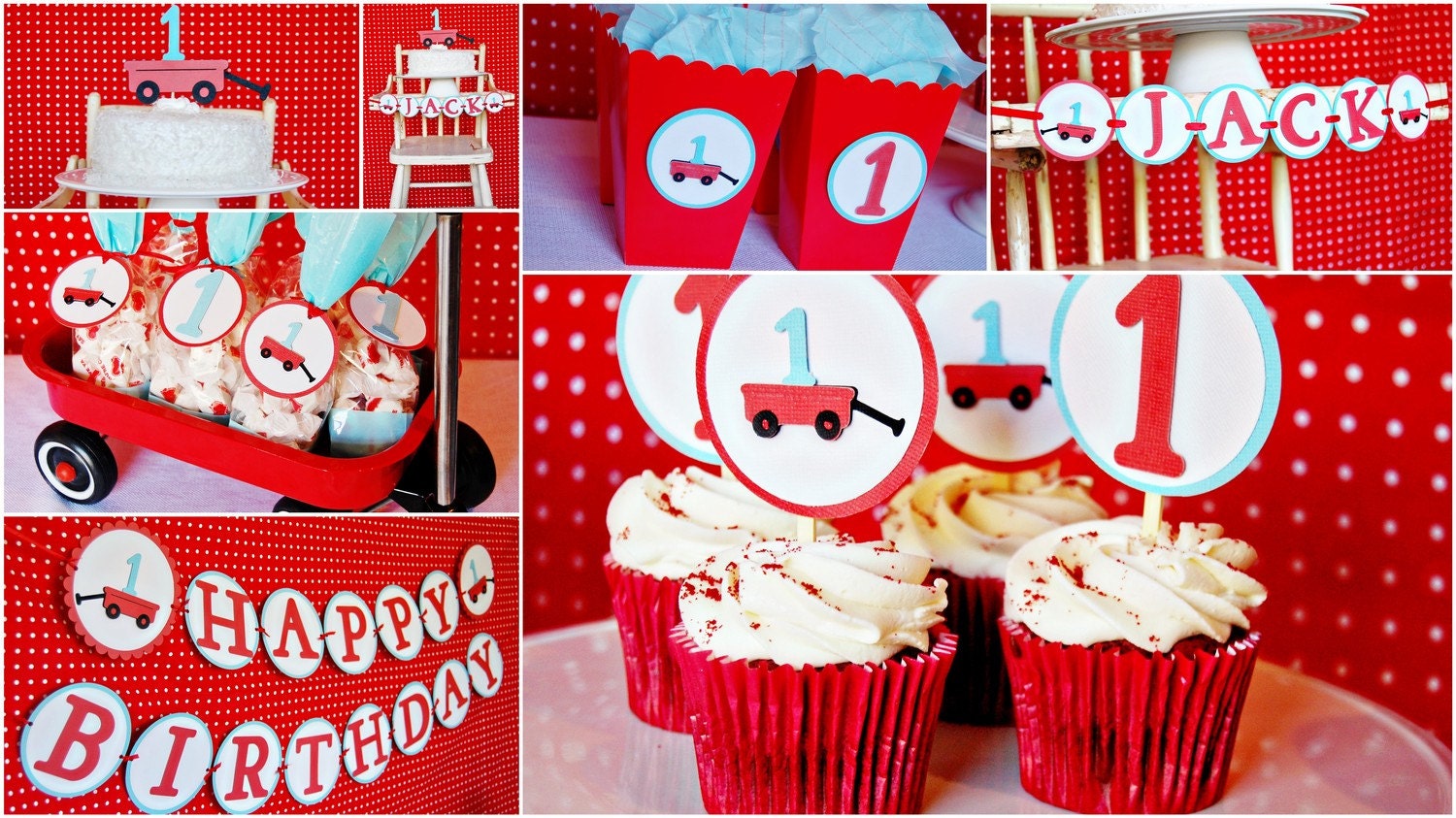 Modern Little Red Wagon First Birthday Party Package