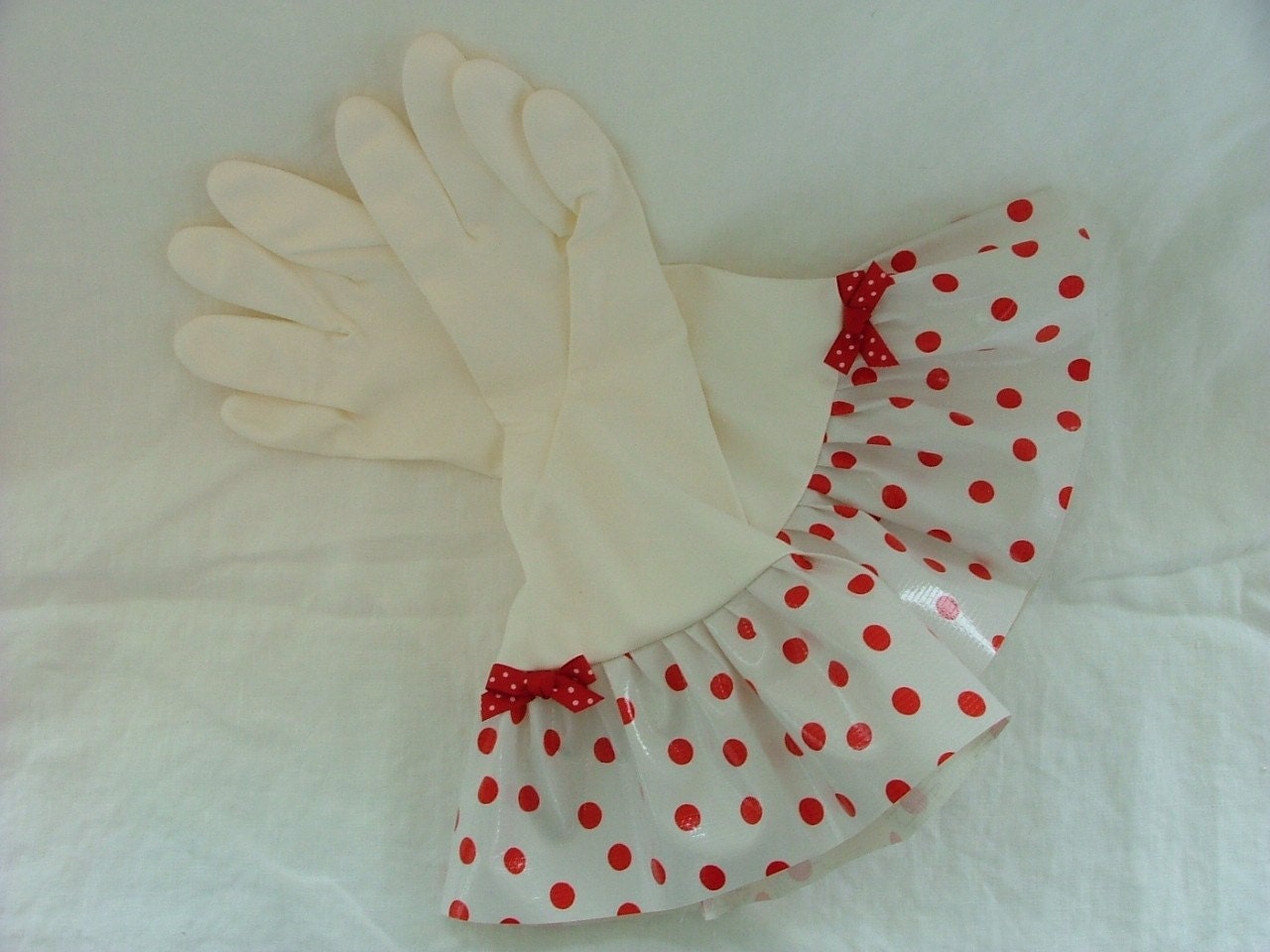 Plain Jane Red Polka Dot Oilcloth Gloves - Latex Free - Not Just for Cleaning (Size Med)