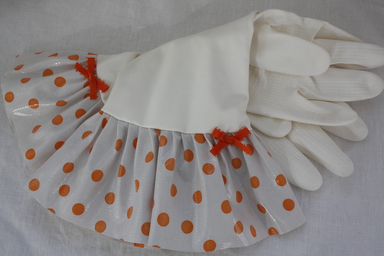 Plain Jane Orange Polka Dot Oilcloth Gloves - Latex Free - Not Just for Cleaning (Size Med or Large)