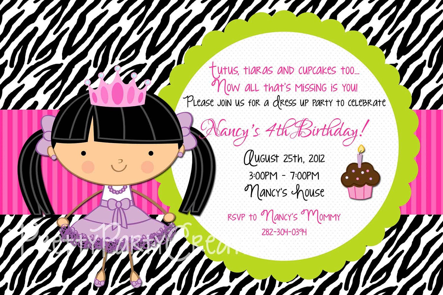 Zebra print TUTUs and TIARAs dress up birthday invitation - YOU print - 5 to choose