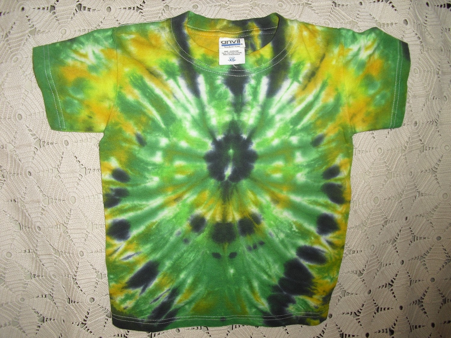 Tiedye Youth Extra Small tshirt - Swirled in greens, yellows, and black