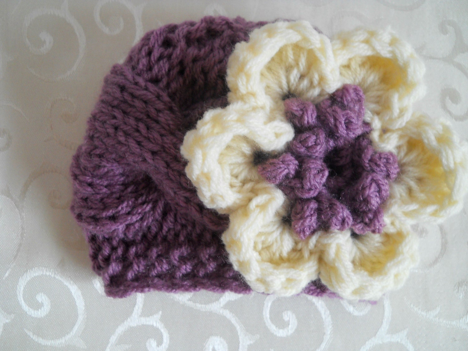 Baby Knit Hat - Baby Girl Knit Hat Purple and Cream