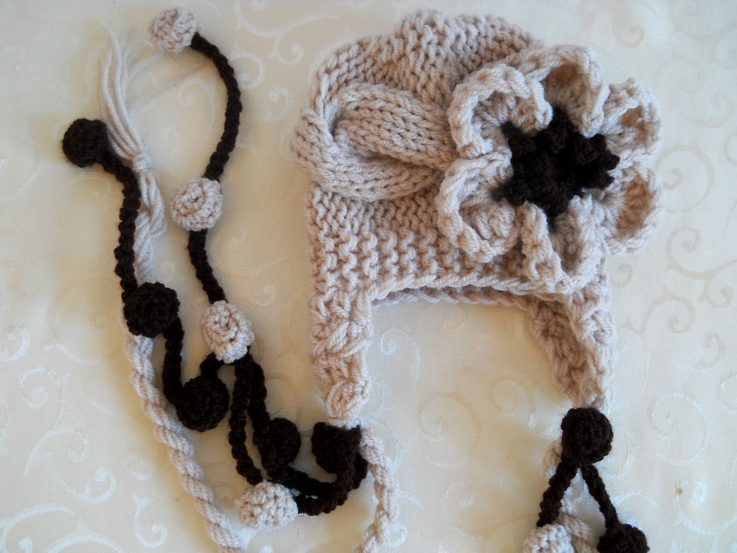 Baby Girl Hat With Flower - Hand Knitted Baby Hat Oatmeal