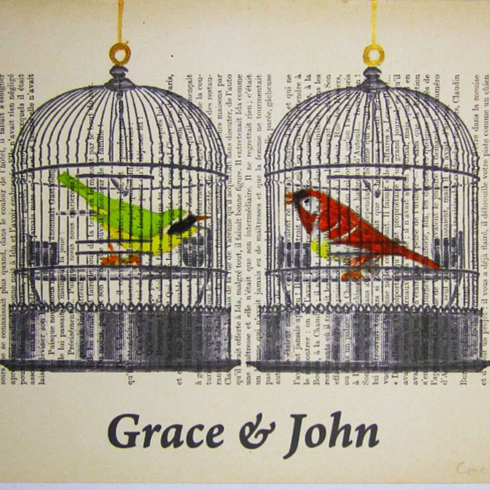 Your name with two love birds -personalized ARTWORK Mixed Media, Hand Painted  on 1920 Parisien Magazine 'La Petit Illustration' xyz