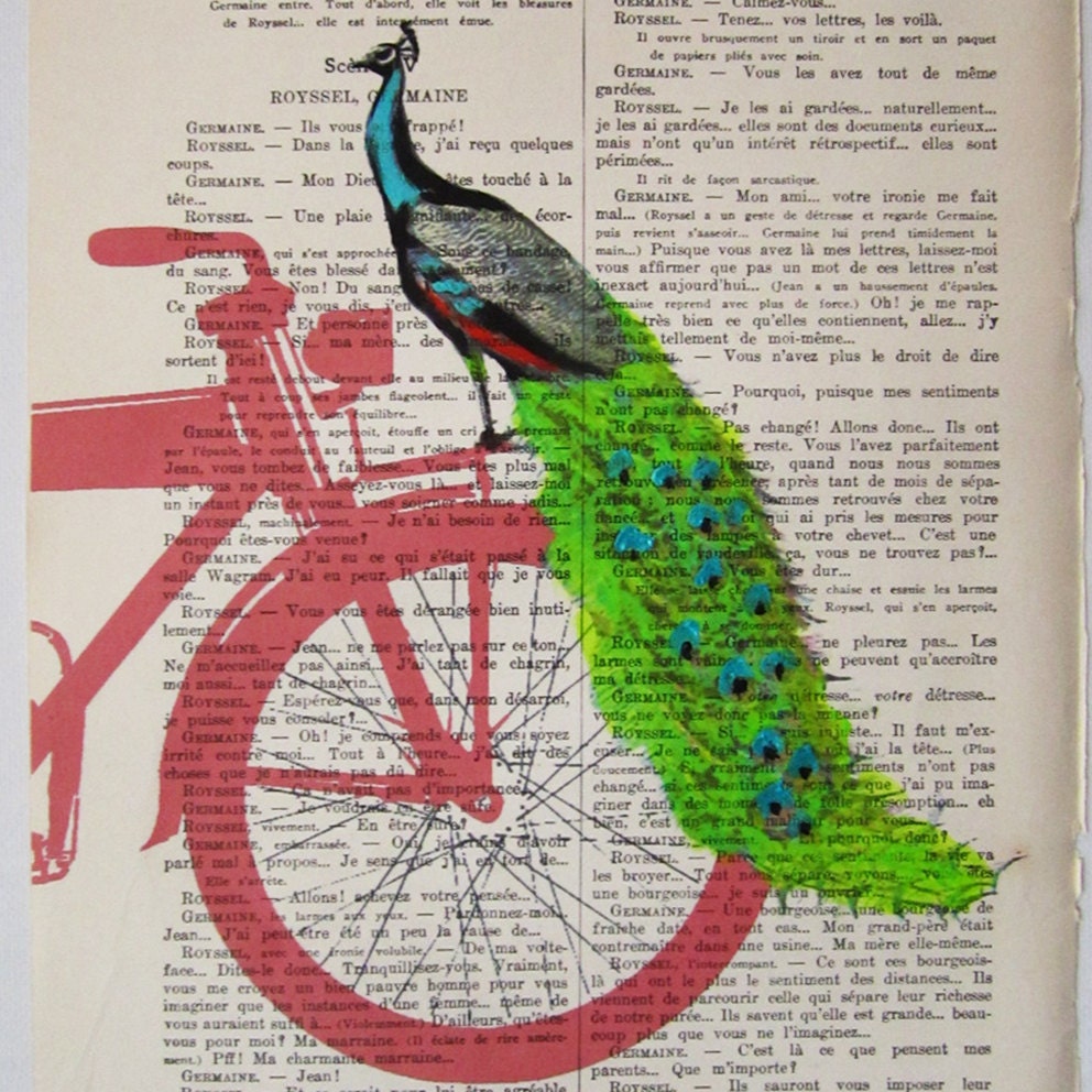 Peacock on red bicycle - Original Illustration-Art Print-Art Poster- Hand Painting Mixed Media- French 1920 Vintage Paper xyz