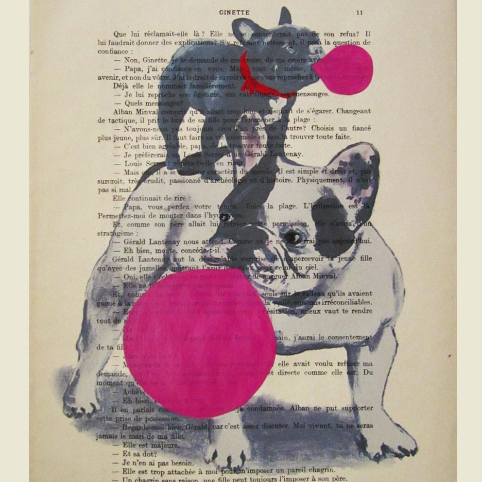 2 French bulldogs with bubblegum -ORIGINAL ARTWORK Hand Painted Mixed Media on 1920 Parisien Magazine 'La Petit Illustration'