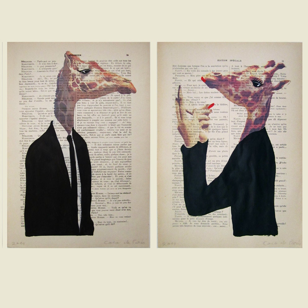 2 ORIGINAL ARTWORKS Mr & Mrs Giraffe posing-  Mixed Media, Hand Painted  on 1920  Parisien Magazine 'La Petit Illustration' by Coco De Paris