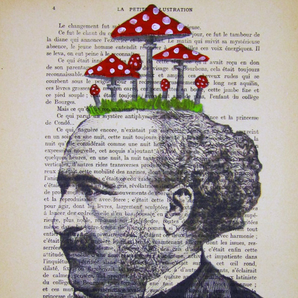 Thinking of mushroom- ORIGINAL ARTWORK Hand Painted Mixed Media on 1920 famous Parisien Magazine 'La Petit Illustration' xyz