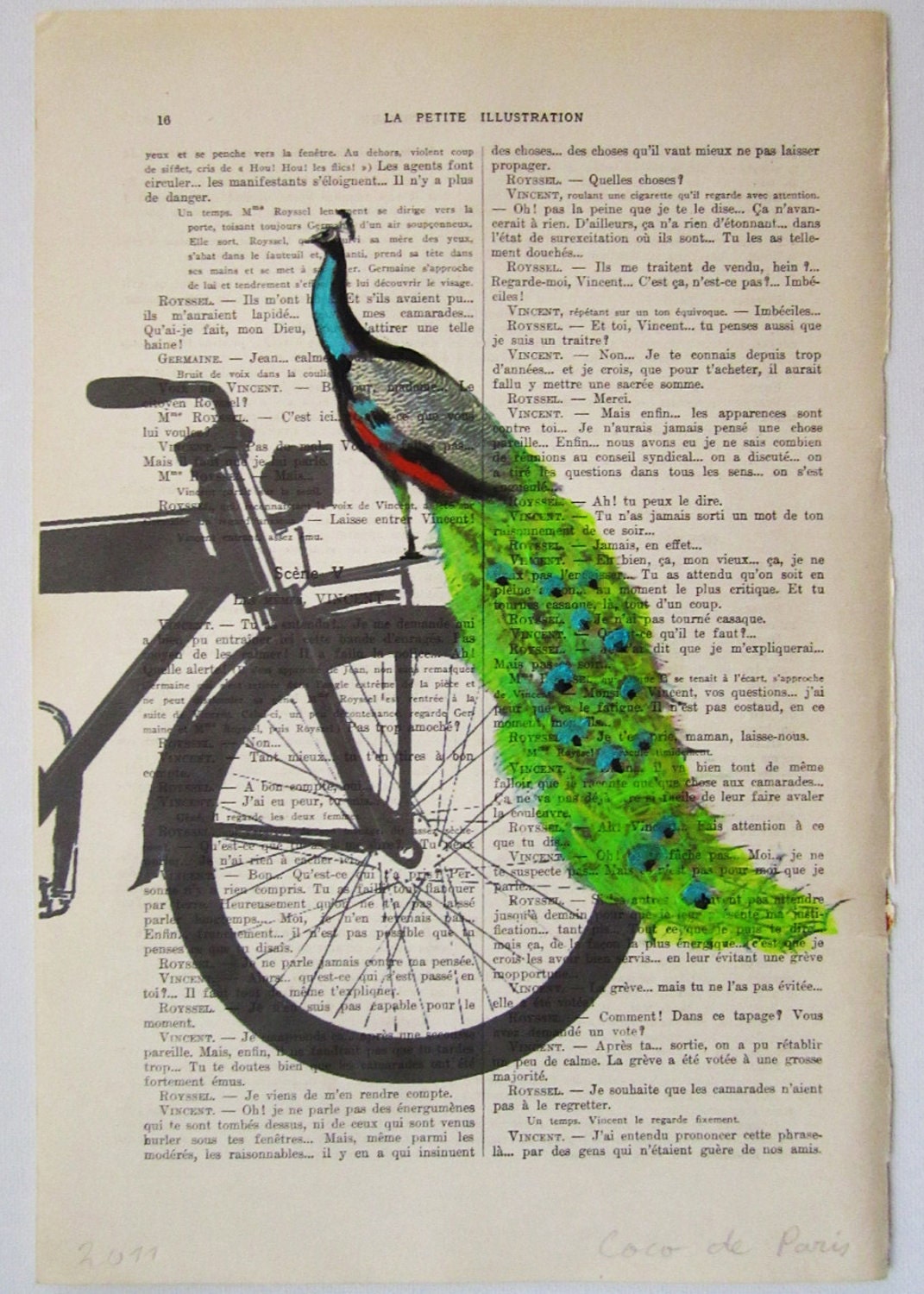 Peacock on black bicycle - Original Illustration-Art Print-Art Poster- Hand Painting Mixed Media- French 1920 Vintage Paper