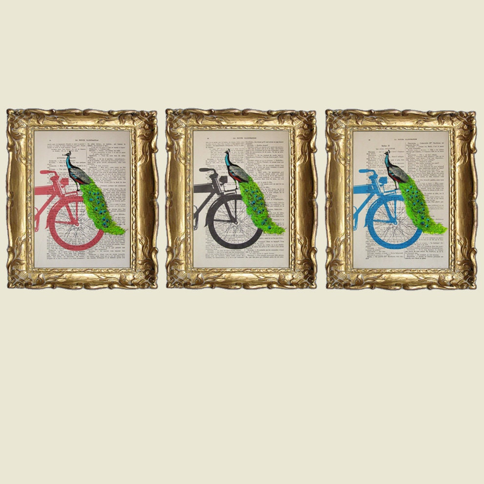 Peacock on black bicycle - Original Illustration-Art Print-Art Poster- Hand Painting Mixed Media- French 1920 Vintage Paper