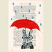 Raining Rabbit - Original Illustration-Art Print-Art Poster- Hand Painting Mixed Media- French 1920 Vintage Paper
