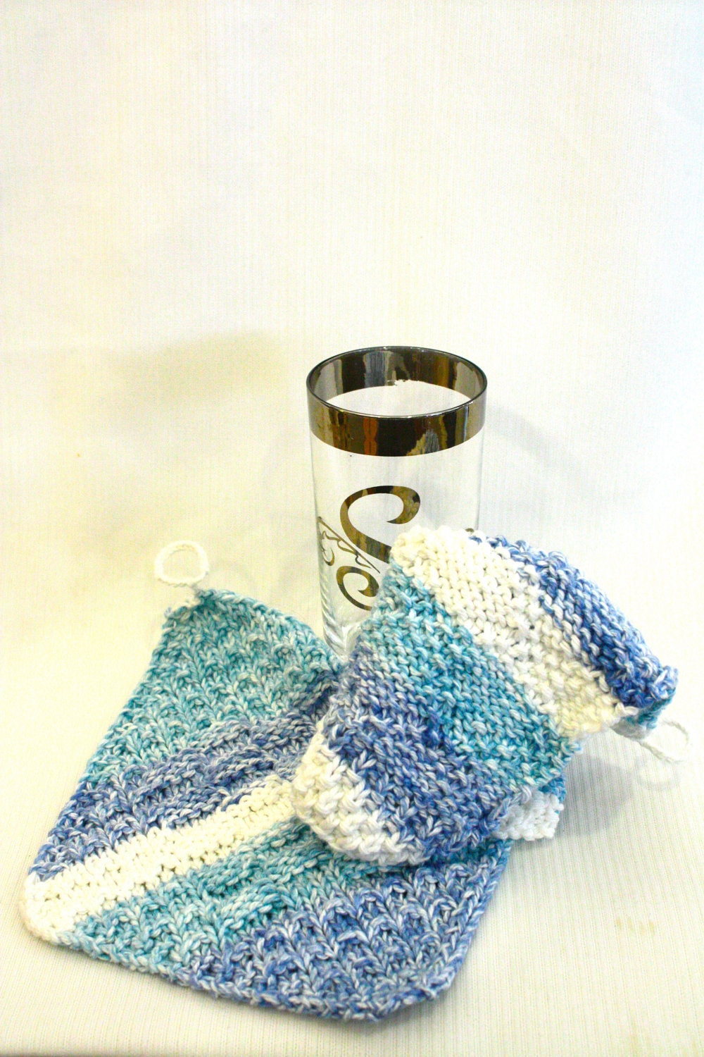Set of Two Knit Wascloths - Blue and White