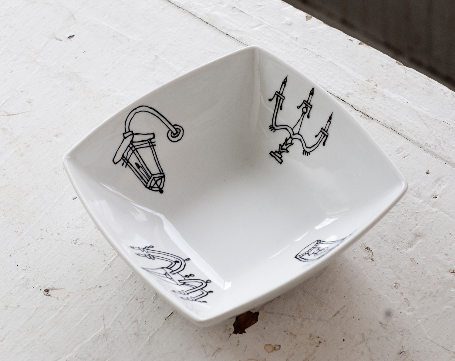 light fixture square bowl - new orleans inspired - black and white hand drawn illustration
