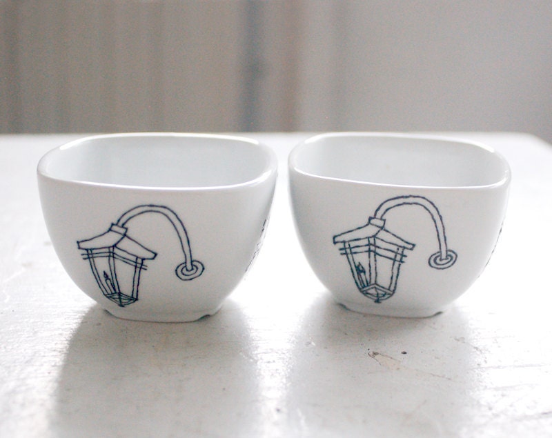pair of new orleans light fixture tea cups - black and white porcelain mug - hand drawn illustration set of two (2)