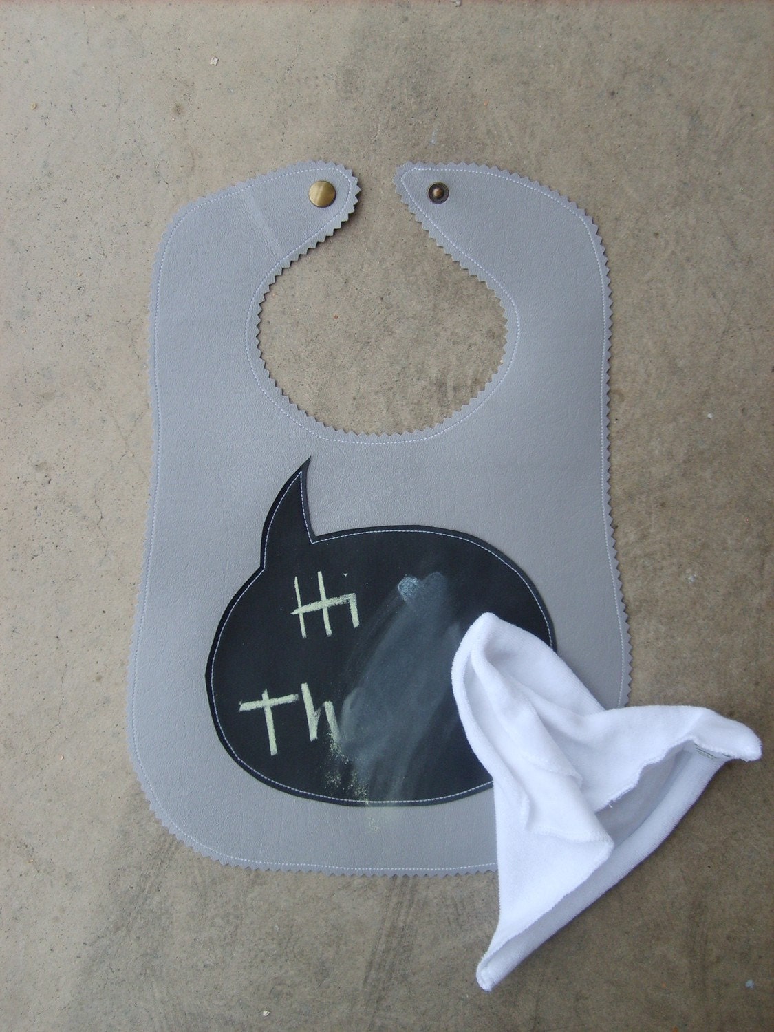 Quotable Baby Bib in GRAY-- vinyl bib with chalk cloth and velcro closure -- HALF OFF