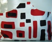 Tote Bag in Off-White Linen Cotton Blend Hand Printed Shibori Patterned Fabric With Accents of Red and Dark Brown