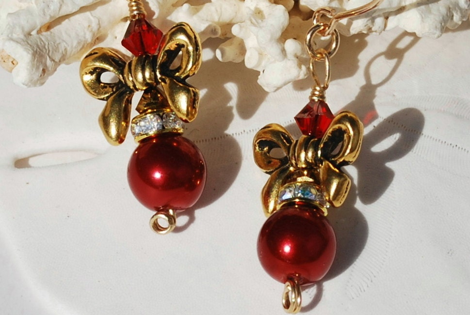 Red Pearl Earrings, 14K Gold Fill Burgundy Swarovski Crystal