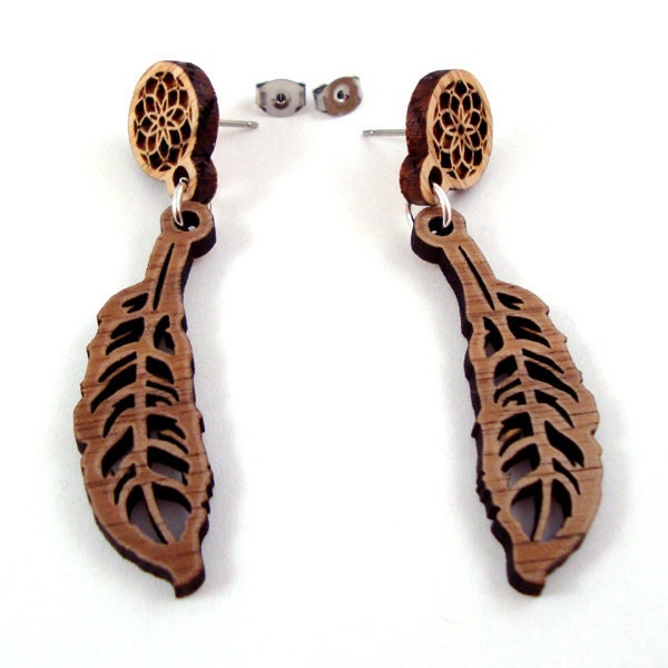 Dream Catcher Sustainable Wooden Post Earrings - in Oak and Walnut