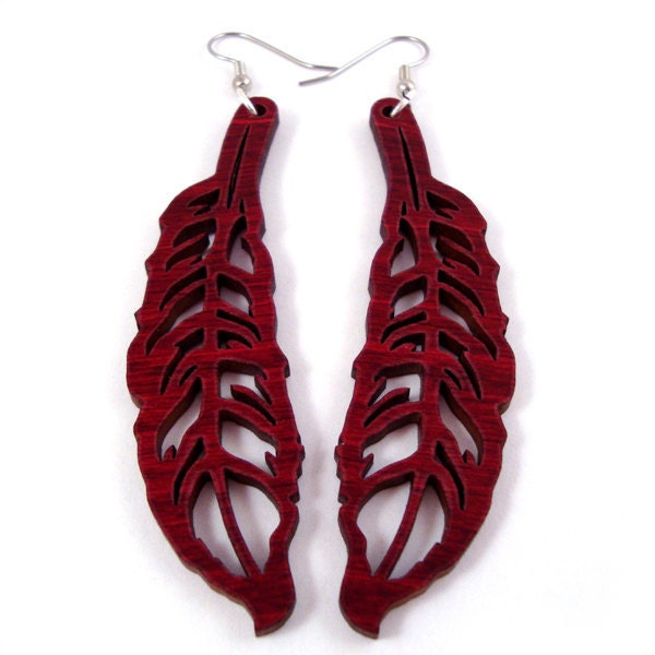 Sustainable Wooden Feather Earrings - in Red Stained Maple - Large