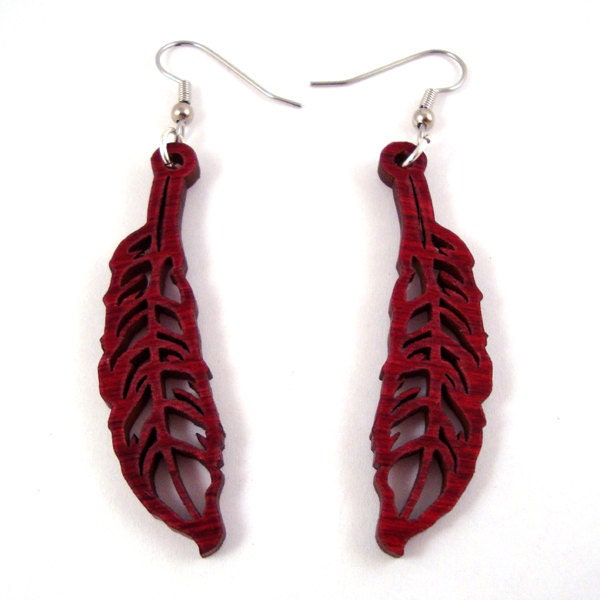 Sustainable Wooden Feather Earrings - in Red Stained Maple - Medium