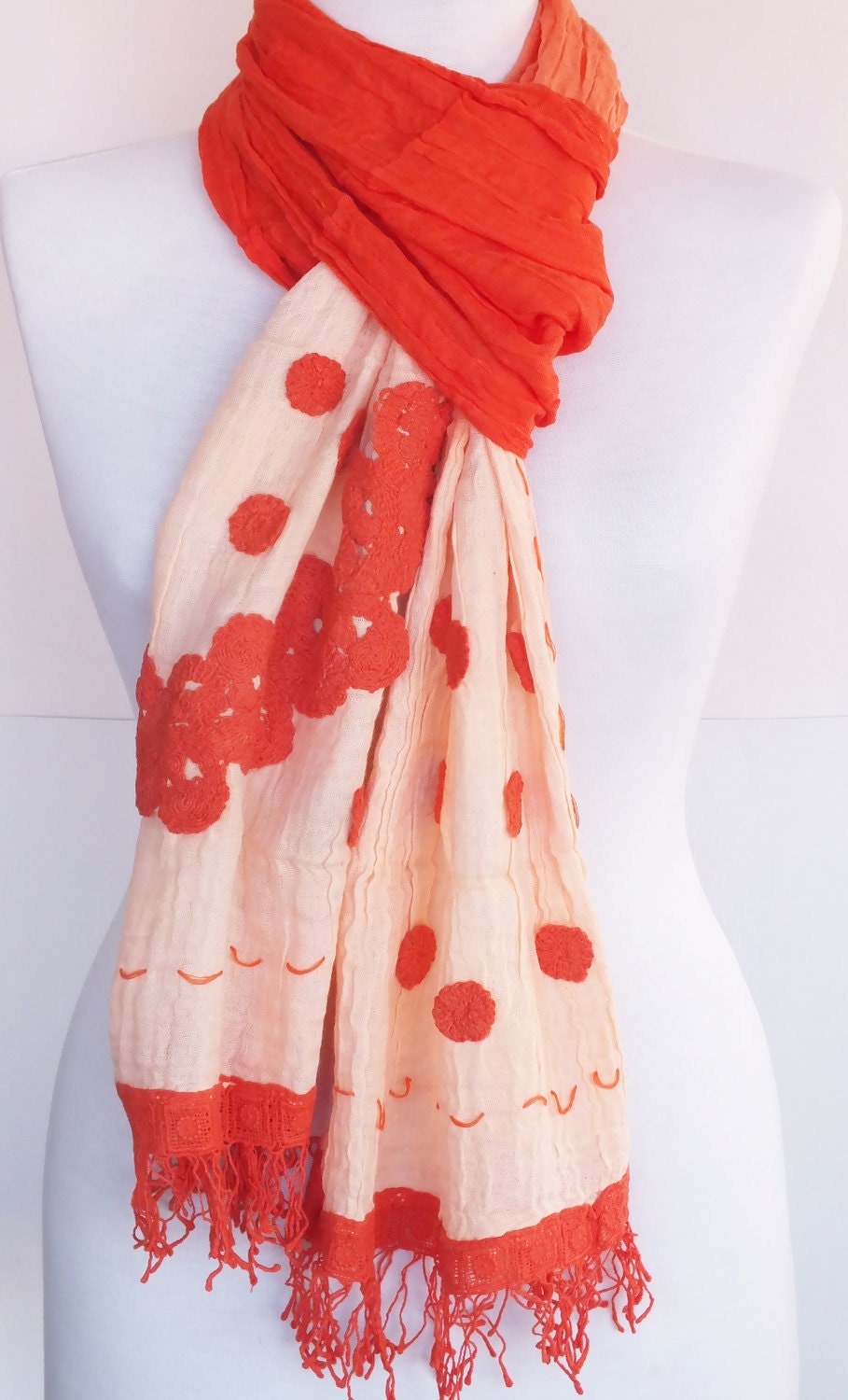Orange Cotton Scarf With Handmade Lace, Fashion, For Gift