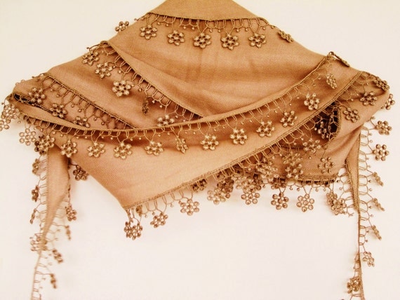 Brown PASHMINA SCARF With Floral Lace, For Women