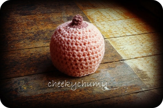 SALE. Fun crocheted boobie beanie, breastfeeding hat. Newborn size.