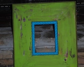 distressed vintage picture frame..5x7 inch frame opening....Crusty Peeling Paint...lime green & teal trim...home decor
