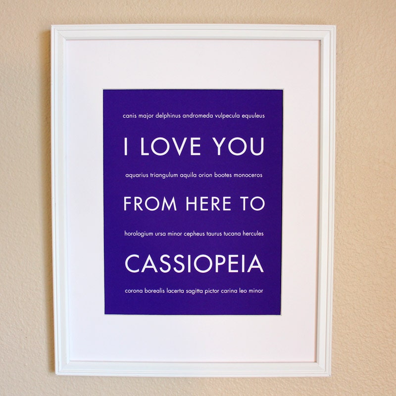 Fathers Day SALE Kid Outer Space Art, I Love You From Here To CASSIOPEIA, 8x10, Choose Color, Unframed