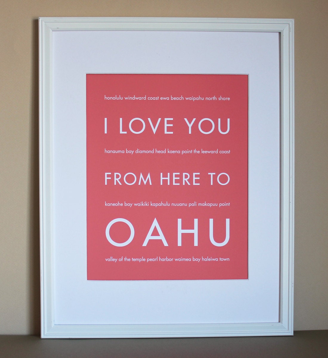 Hawaii Beach Art, I Love You From Here To OAHU, 8x10, Choose Your Color, Unframed