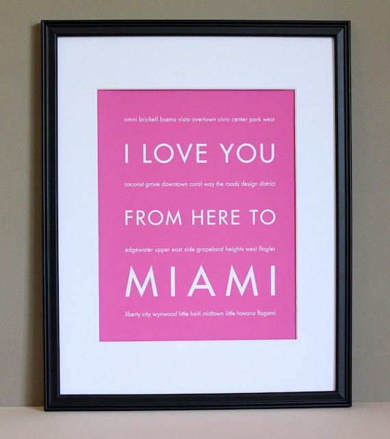 Miami Poster, I Love You From Here To MIAMI, 8x10, Choose Color, Unframed, Fathers Day SALE 