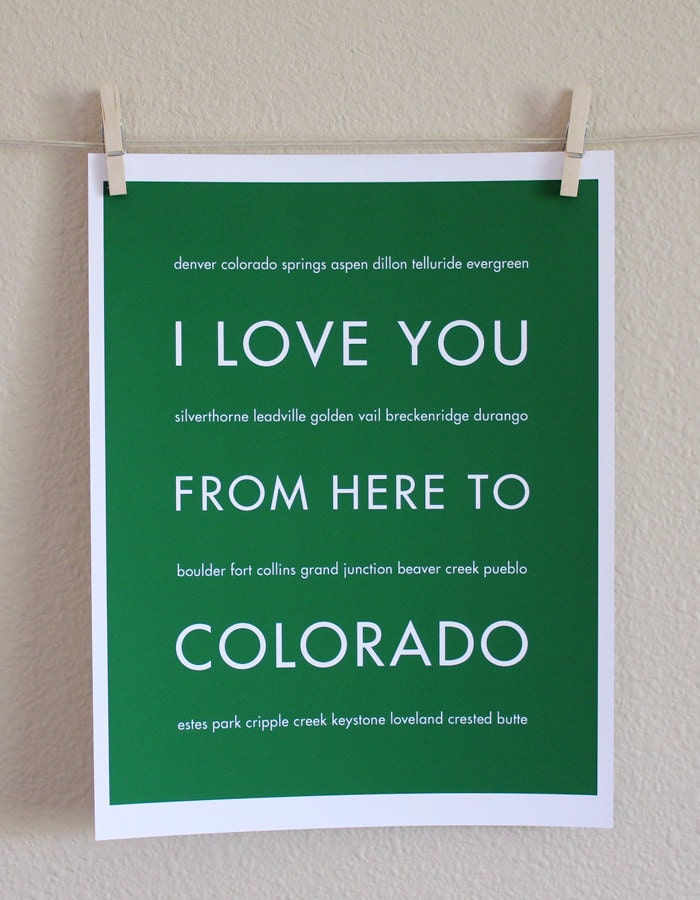 Colorado Typography Poster, I Love You From Here To COLORADO, 8x10, Custom Color, Unframed, Fathers Day SALE
