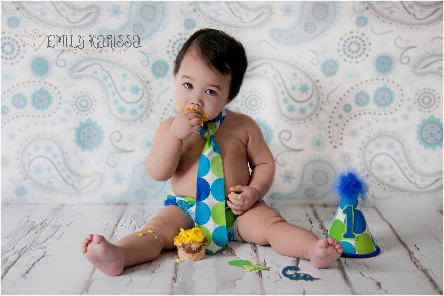 Baby Boy / Toddler First Birthday Cake Smash Diaper Cover Tie and Party Hat Outfit in Turquoise Lime Dot