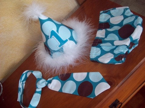 RUSH ORDER Baby Boy / Toddler Party Hat,  Necktie & Diaper Cover Teal White Chocolate Brown Mod Dot