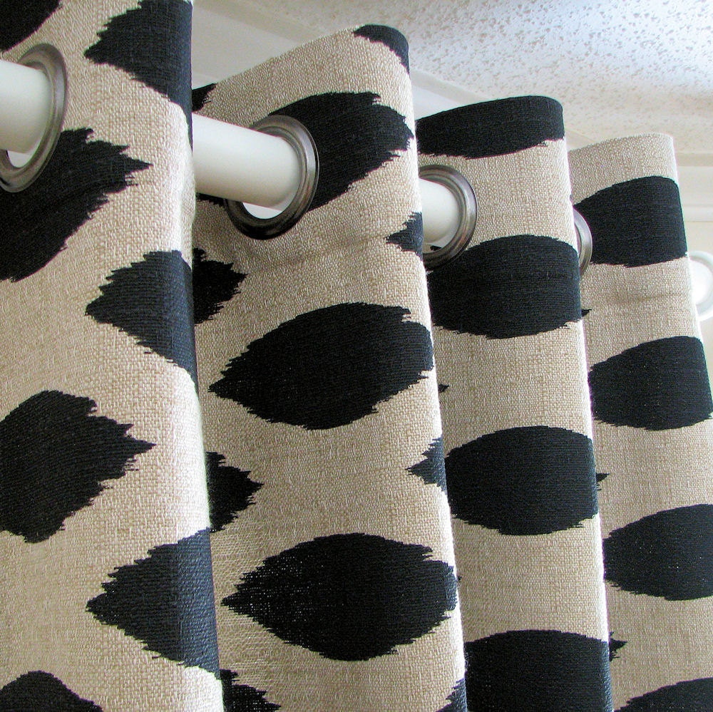 Pair of Decorative Designer Custom Grommet Curtains Drapes  50 x 84  Black on  Beige Ikat  Contemporary Modern Style