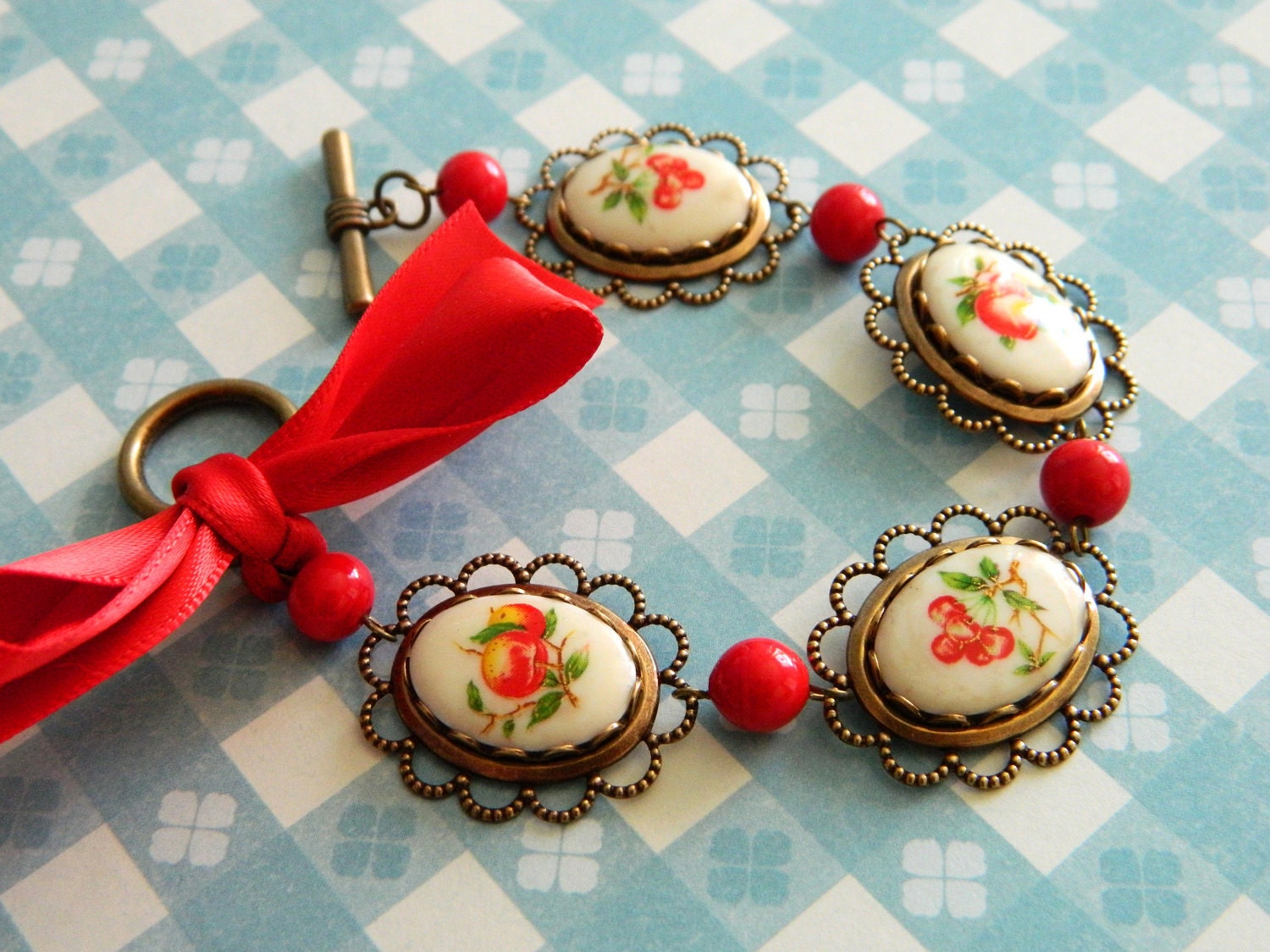 Bracelet Vintage Retro Cherry Peach Apple Red Ribbon & Lace Border - Betty's Fruit Basket