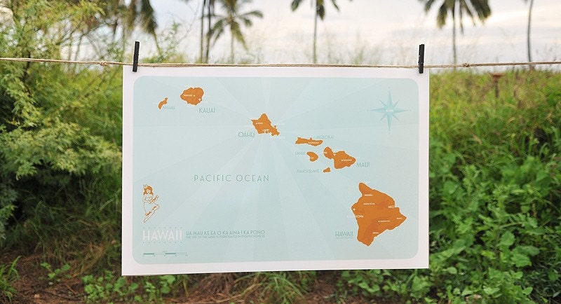 Retro Hawaii Map - 27x19