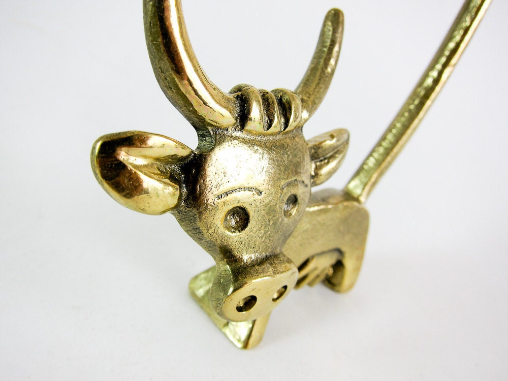 Vintage ORIGINAL Modernist Austrian 1960s Brass Cow Figure with Thermometer