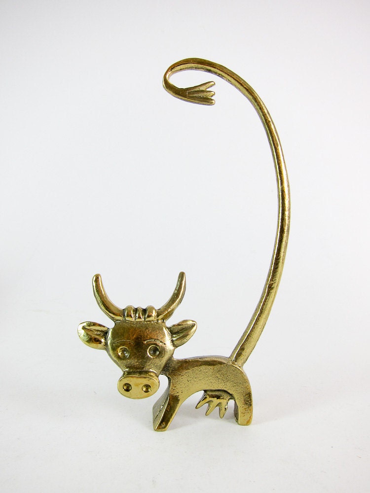 Vintage ORIGINAL Modernist Austrian 1960s Brass Cow Figure with Thermometer