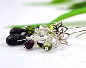 Sterling Silver lotus earrings - silver flower, lava rock and glass - Zen Garden
