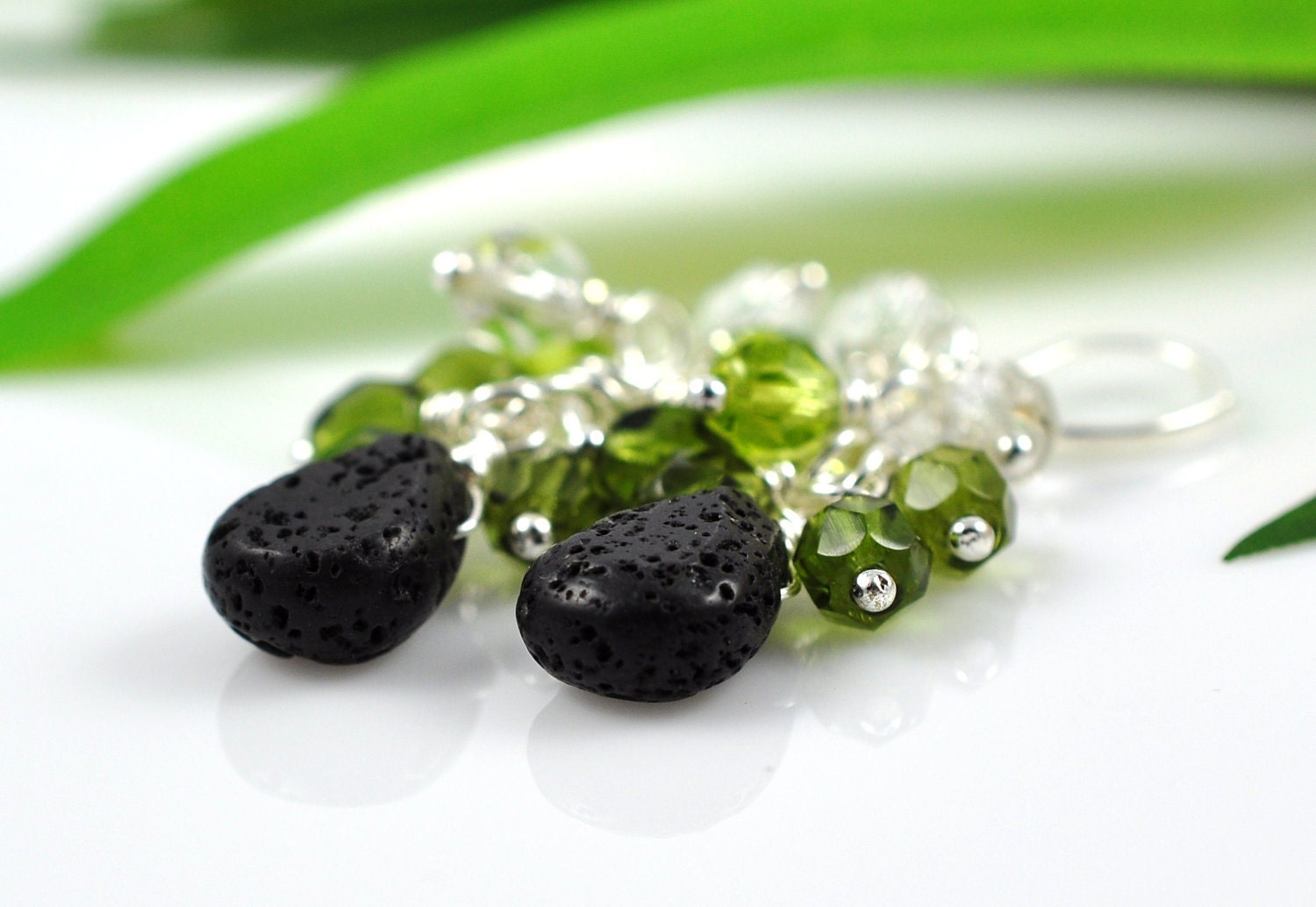 Lava Rock earrings - indonesian stone and green glass - Lost Aztec
