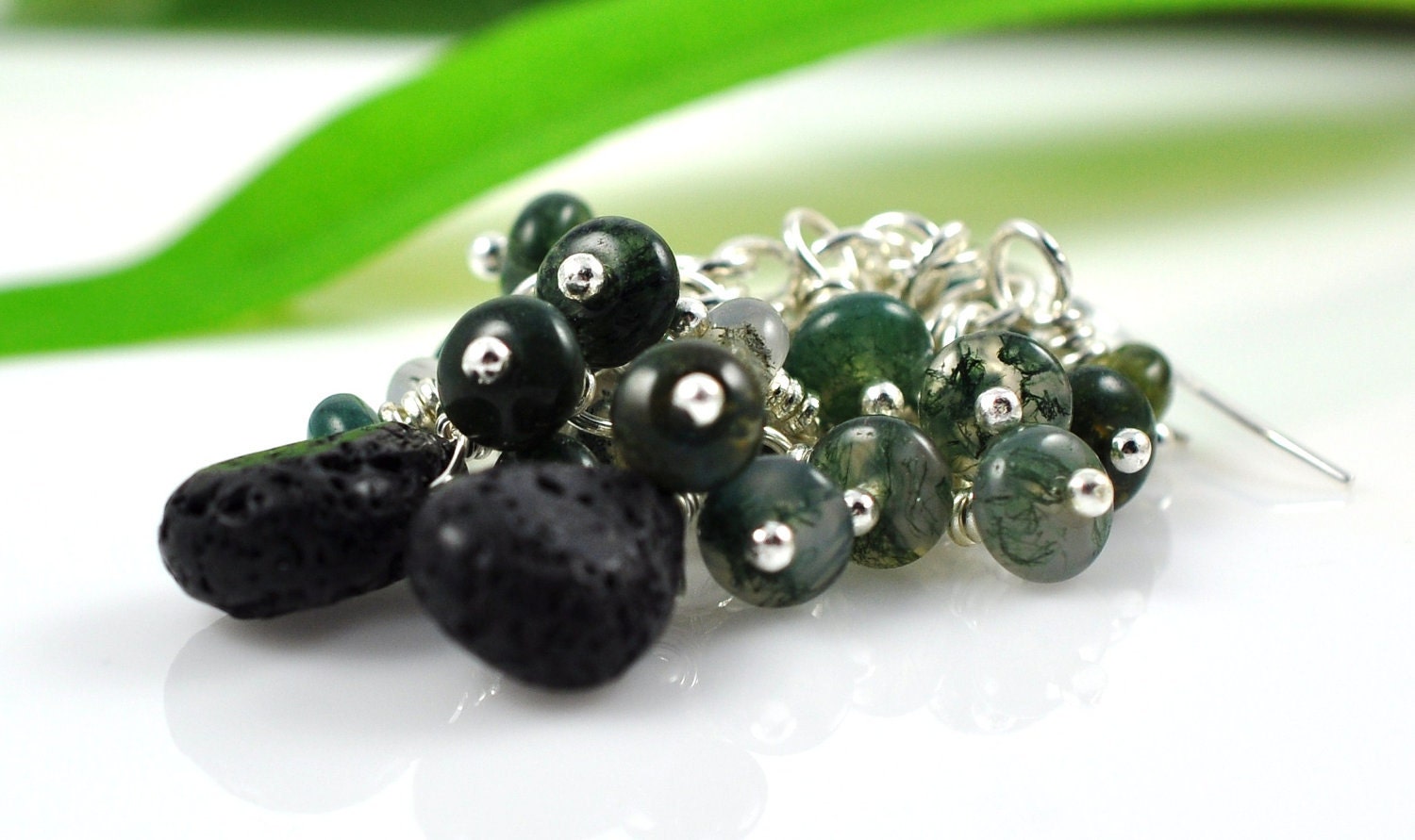 Hawaiian Sterling Silver earrings - lava rock and moss agate - Molokai