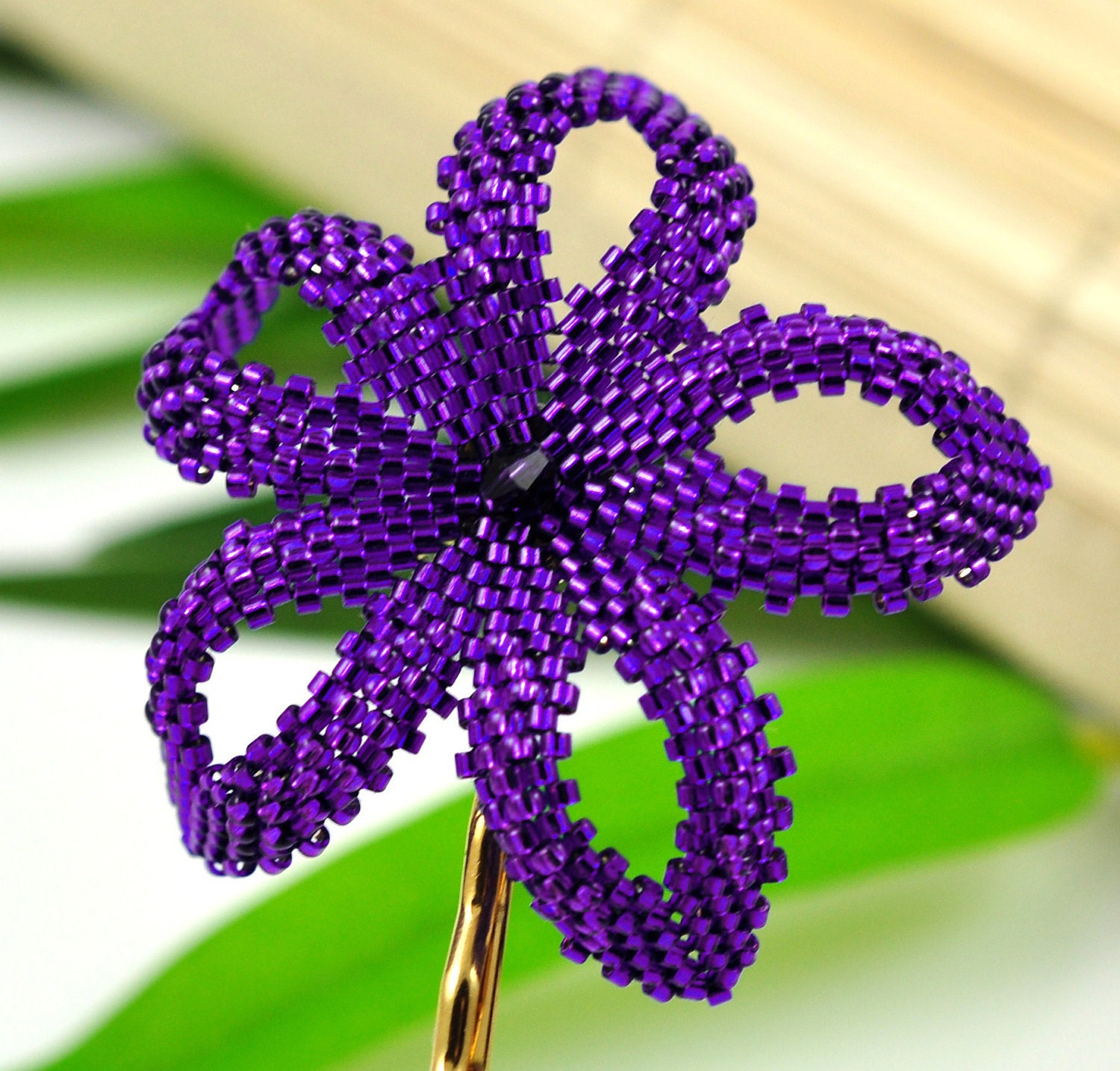 Beaded hair flower pin - dark metallic royal purple plumeria - Kapu